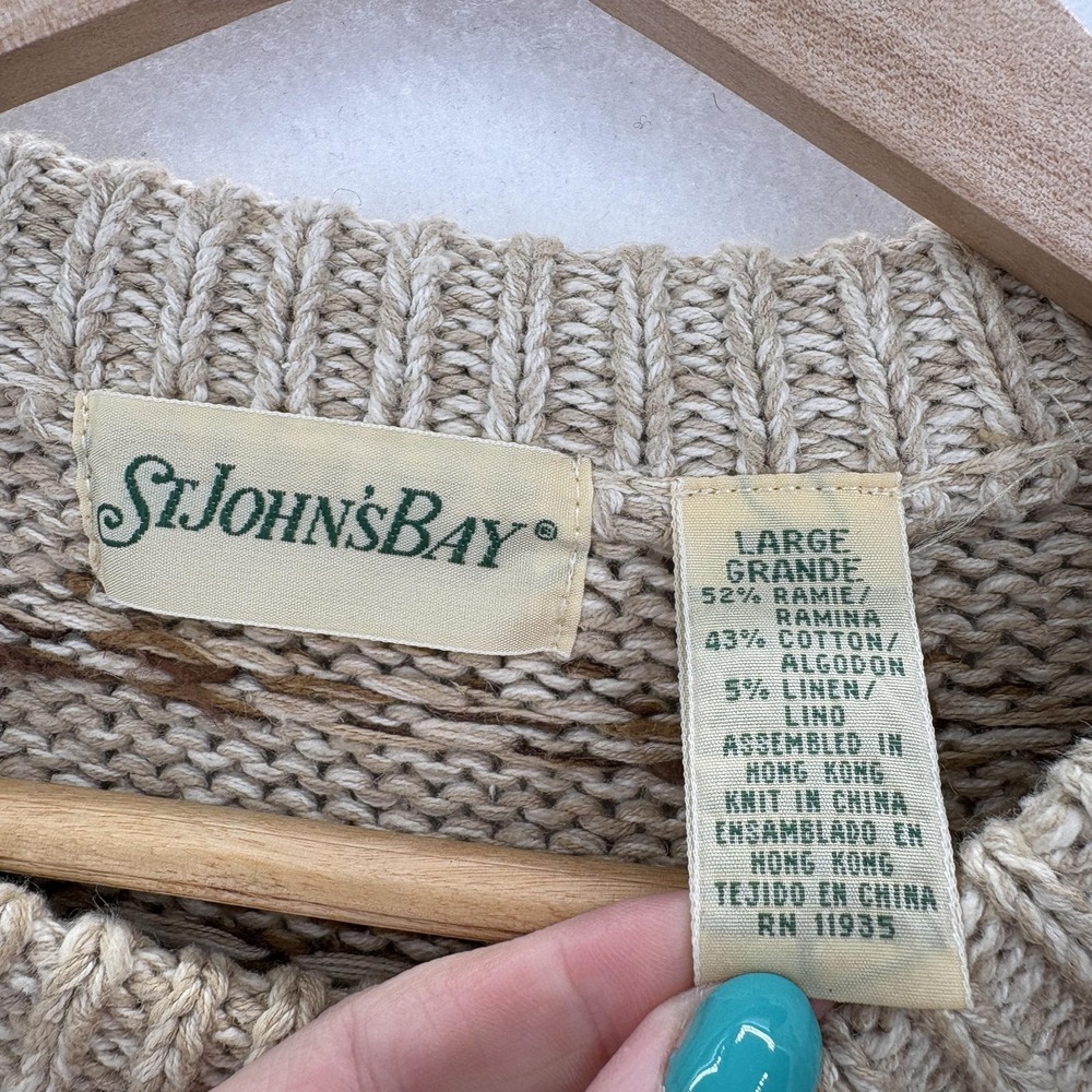 Vintage St Johns Bay Sweater Mens Large Beige Ramie Cotton Linen Geometric 90s - Picture 4 of 11